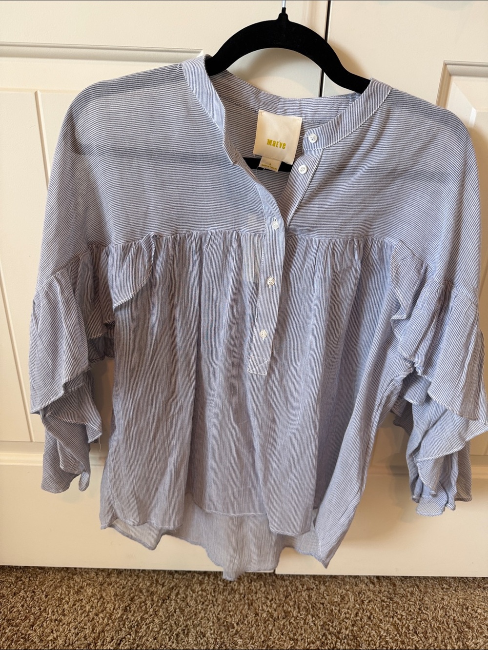 Maeve Light Blue Pinstripe Ruffle-Sleeve Button Front Blouse